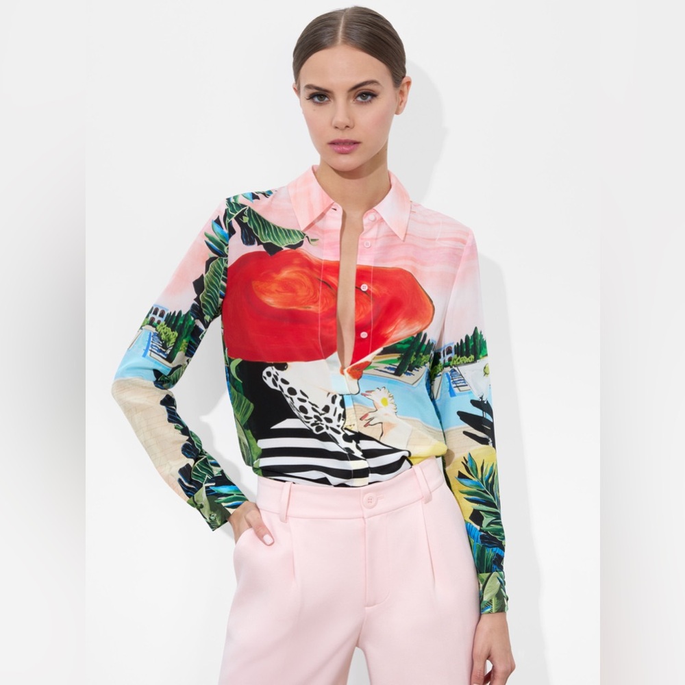 NWT Alice + Olivia Willa Silk Top In Palm Beach - Picture 1 of 10